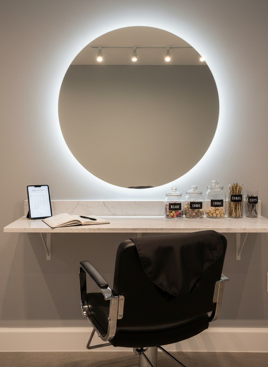 A pristine, modern braiding station featuring a large frameless mirror mounted on a light gray wall, reflecting an orderly countertop lined with labeled jars of beads, cords, and gold hair cuffs. A neatly folded black styling cape rests on the back of a high-gloss hydraulic salon chair. On the counter, an open appointment book and a sleek tablet display a minimalist booking screen. Warm overhead lighting and a subtle glow from an LED mirror strip illuminate the scene, casting soft shadows. Shot in photographic realism from a slightly elevated angle, the composition emphasizes organization, professionalism, and comfort in a Bedford, Texas braid studio setting.