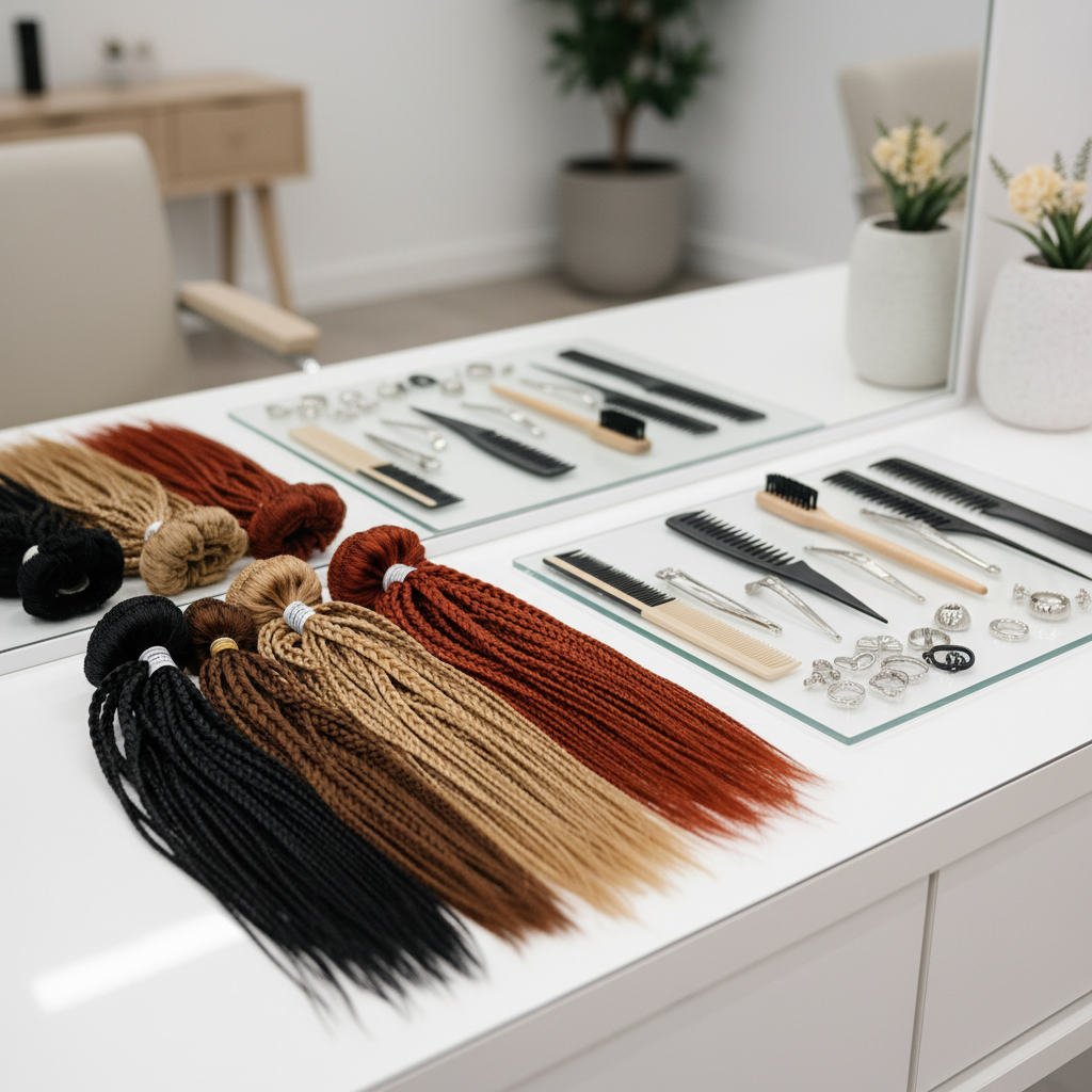 A meticulously arranged display of high-quality synthetic and natural braiding hair bundles in rich shades of black, brown, honey blonde, and auburn, fanned out across a sleek, white salon workstation. Neatly organized combs, metal clips, edge brushes, and shining silver hair cuffs rest beside them on a smooth glass tray. Soft, even studio lighting creates gentle reflections on the polished surface and subtle highlights in the hair fibers. The background is softly blurred, suggesting a modern, professional braiding studio with clean lines and neutral tones. Photographic realism at eye level, with a shallow depth of field, conveying a calm, professional, and welcoming atmosphere ideal for a premium braiding business homepage.