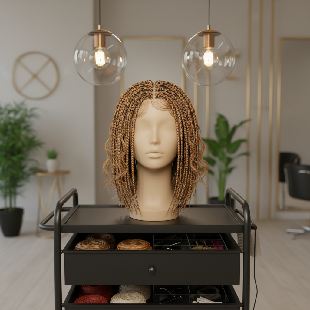 A stylish, shoulder-length wig form neatly fitted with a Bohemian box braid bob, the braids varying slightly in thickness with loose, wavy strands artfully left out for a textured, carefree look. The wig stand sits centered on a matte black styling trolley, surrounded by open drawers showing neatly coiled braiding hair and organized tools. Soft, warm pendant lights from above create gentle highlights on the braids and subtle shadows around the stand. The background hints at a chic, boutique braiding studio through blurred metallic accents and neutral decor. Captured in photographic realism at eye level with a centered composition, the mood feels creative, confident, and fashion-forward.