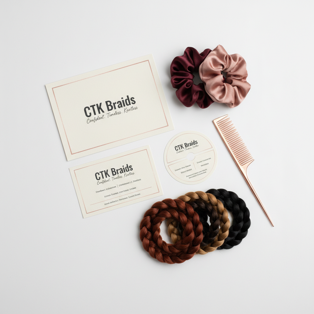 A clean, flat-lay composition of CTK Braids branding materials arranged on a smooth, matte white surface in photographic realism. A sleek appointment card, a folded price list, and a minimalist loyalty card all feature a cohesive logo reading “CTK Braids” with the tagline “Confident. Timeless. Knotless.” in refined typography. Beside them, a polished metal tail comb, satin scrunchies, and a few glossy braids of sample hair in varying tones create visual interest. Soft, even studio lighting eliminates harsh shadows, giving the image a bright, elevated feel. The composition is thoughtfully spaced with a top-down angle, ideal for use on a professional braiding website to convey organization, trust, and premium service.