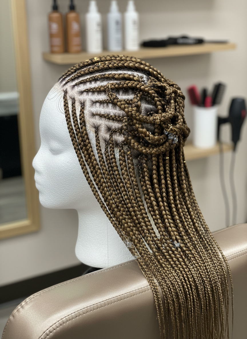 A close-up, photographic realistic shot of a sectioned mannequin head with intricately braided knotless medium midback braids, captured without revealing any human features. The braids cascade neatly down a smooth, satin-covered backrest of a styling chair, each plait uniform in size with a soft sheen that catches cool, diffused studio light. Small gold cuffs and subtle clear bands accent selected strands. In the blurred background, shelves hold labeled products and styling tools in a neutral-toned salon. The composition uses a shallow depth of field and a side angle to highlight the precision, texture, and craftsmanship of professional knotless braids in a calm, focused atmosphere.